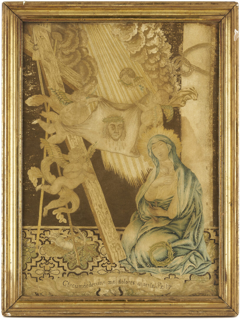 Lot 251: 3 Silk Embroidered Pictures incl. Mourning, Religious Themes