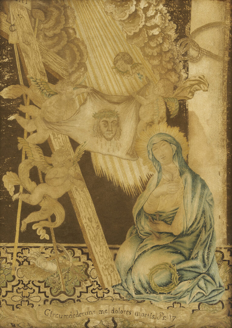 Lot 251: 3 Silk Embroidered Pictures incl. Mourning, Religious Themes