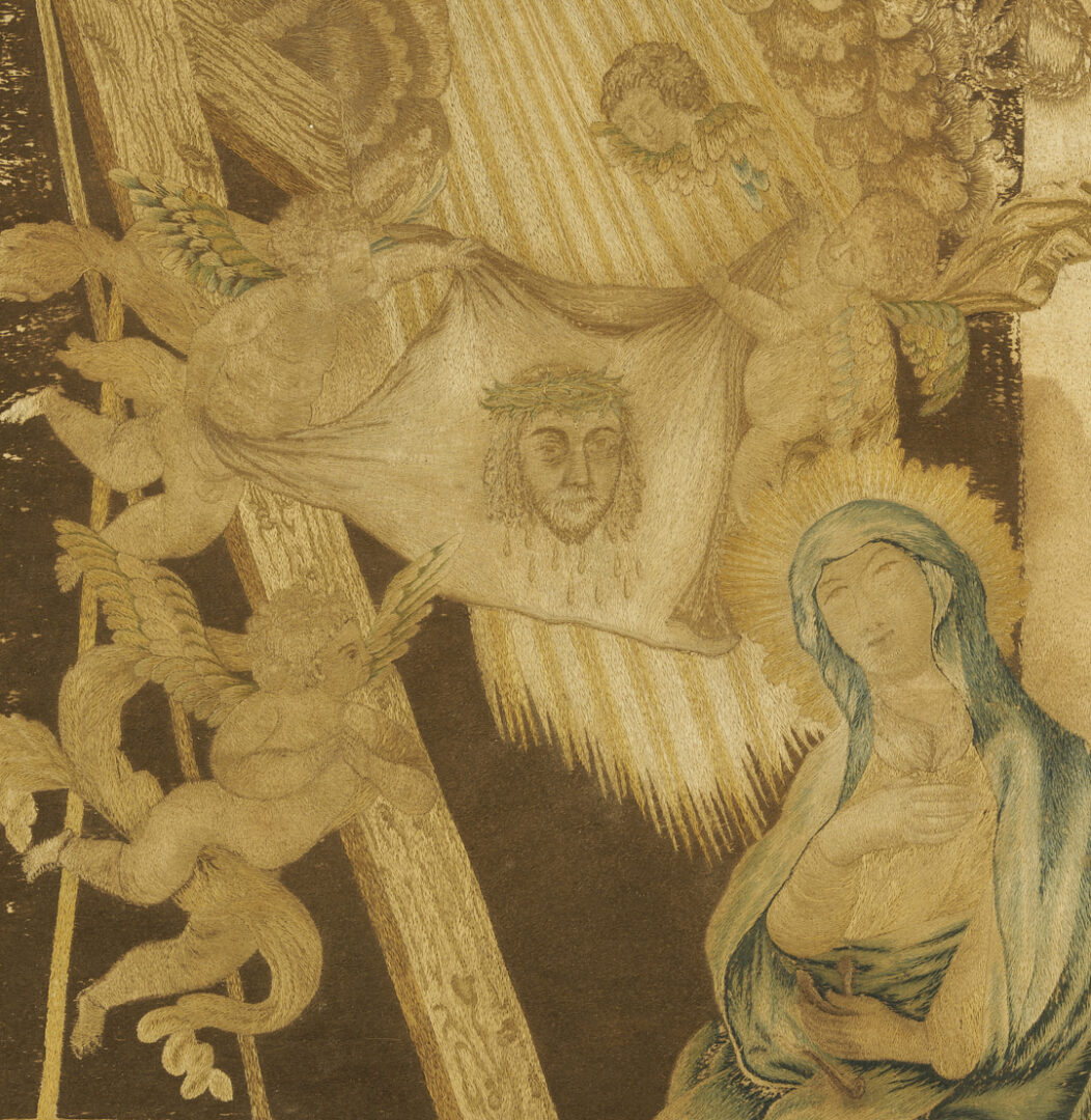 Lot 251: 3 Silk Embroidered Pictures incl. Mourning, Religious Themes