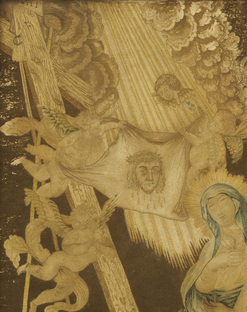 Lot 251: 3 Silk Embroidered Pictures incl. Mourning, Religious Themes