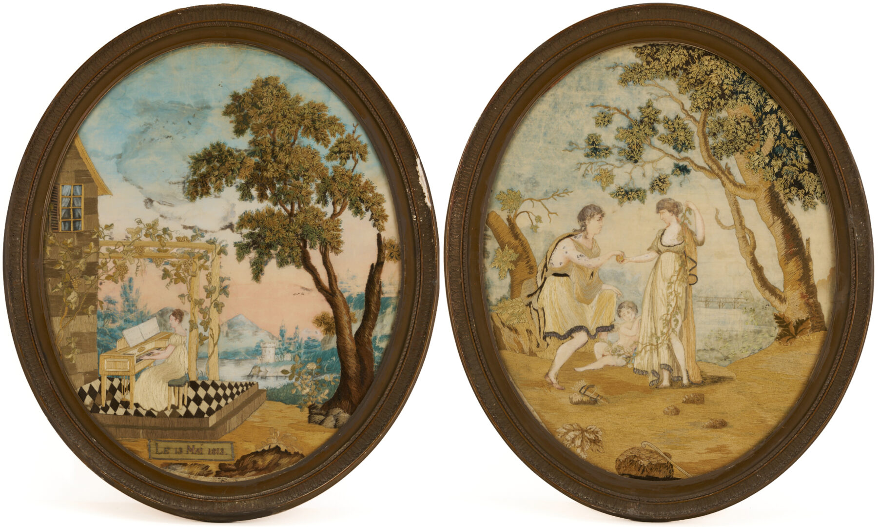 Lot 252: 2 French Oval Silk Embroidered & Painted Pictures