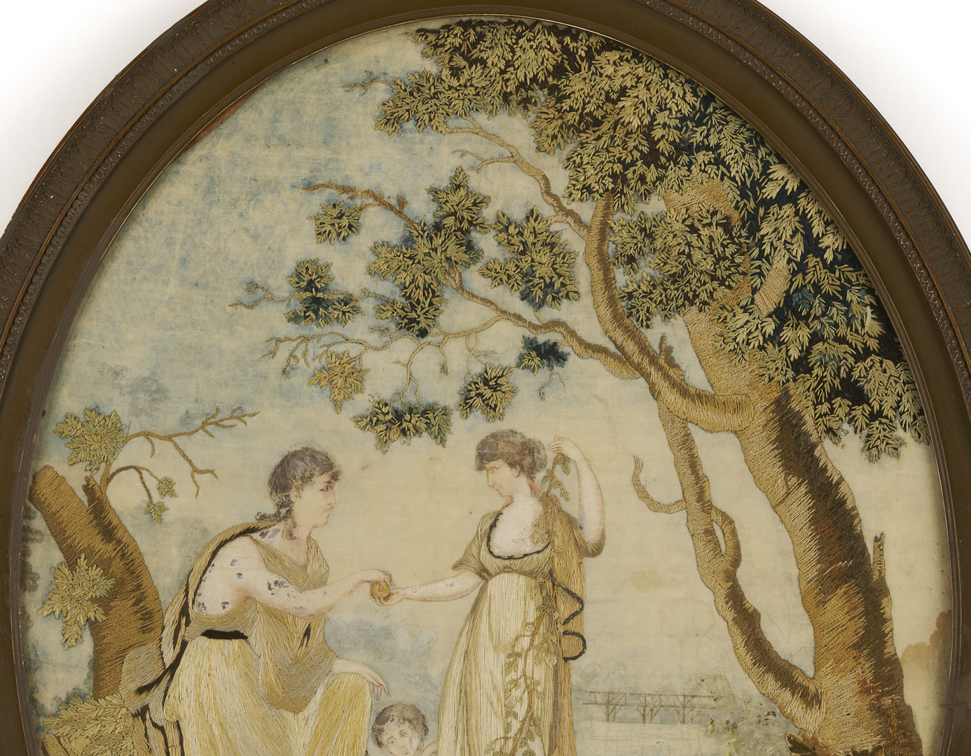 Lot 252: 2 French Oval Silk Embroidered & Painted Pictures