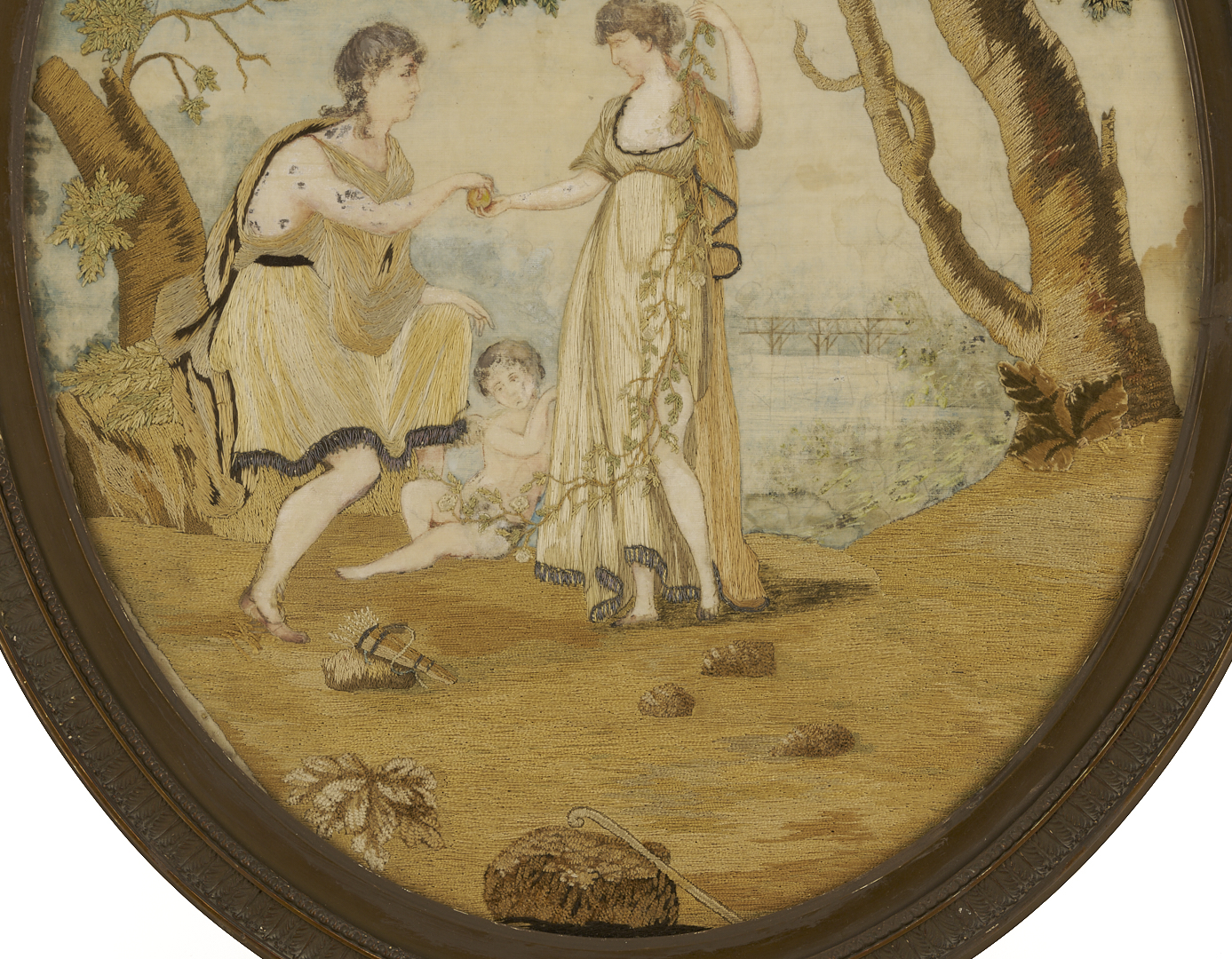 Lot 252: 2 French Oval Silk Embroidered & Painted Pictures