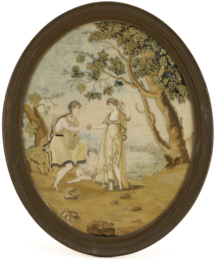 Lot 252: 2 French Oval Silk Embroidered & Painted Pictures