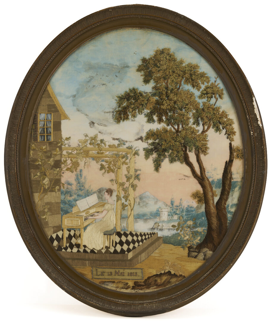 Lot 252: 2 French Oval Silk Embroidered & Painted Pictures