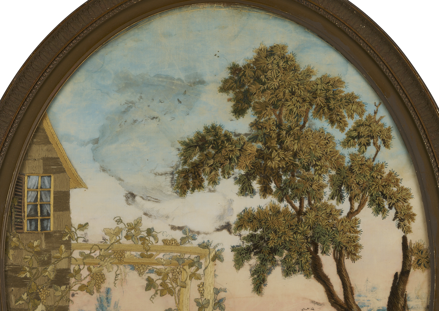 Lot 252: 2 French Oval Silk Embroidered & Painted Pictures