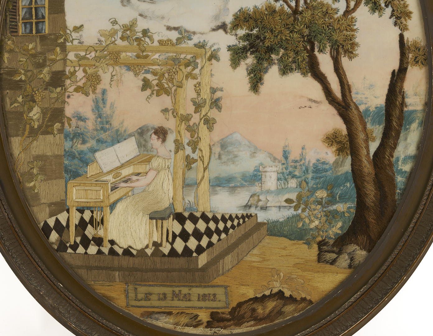 Lot 252: 2 French Oval Silk Embroidered & Painted Pictures