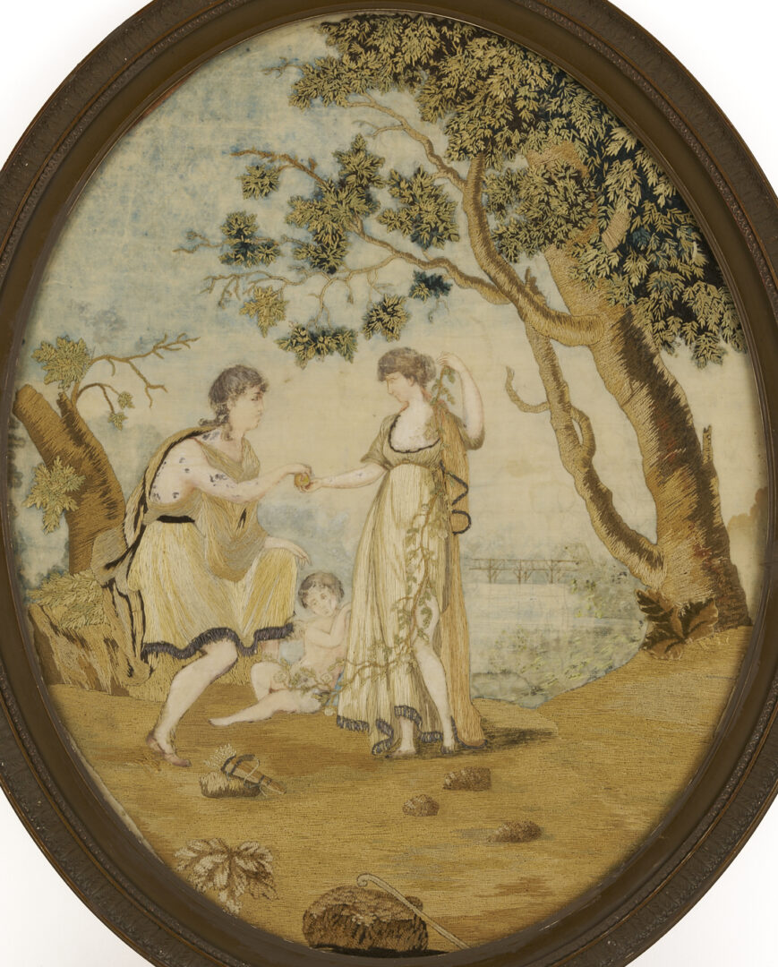 Lot 252: 2 French Oval Silk Embroidered & Painted Pictures
