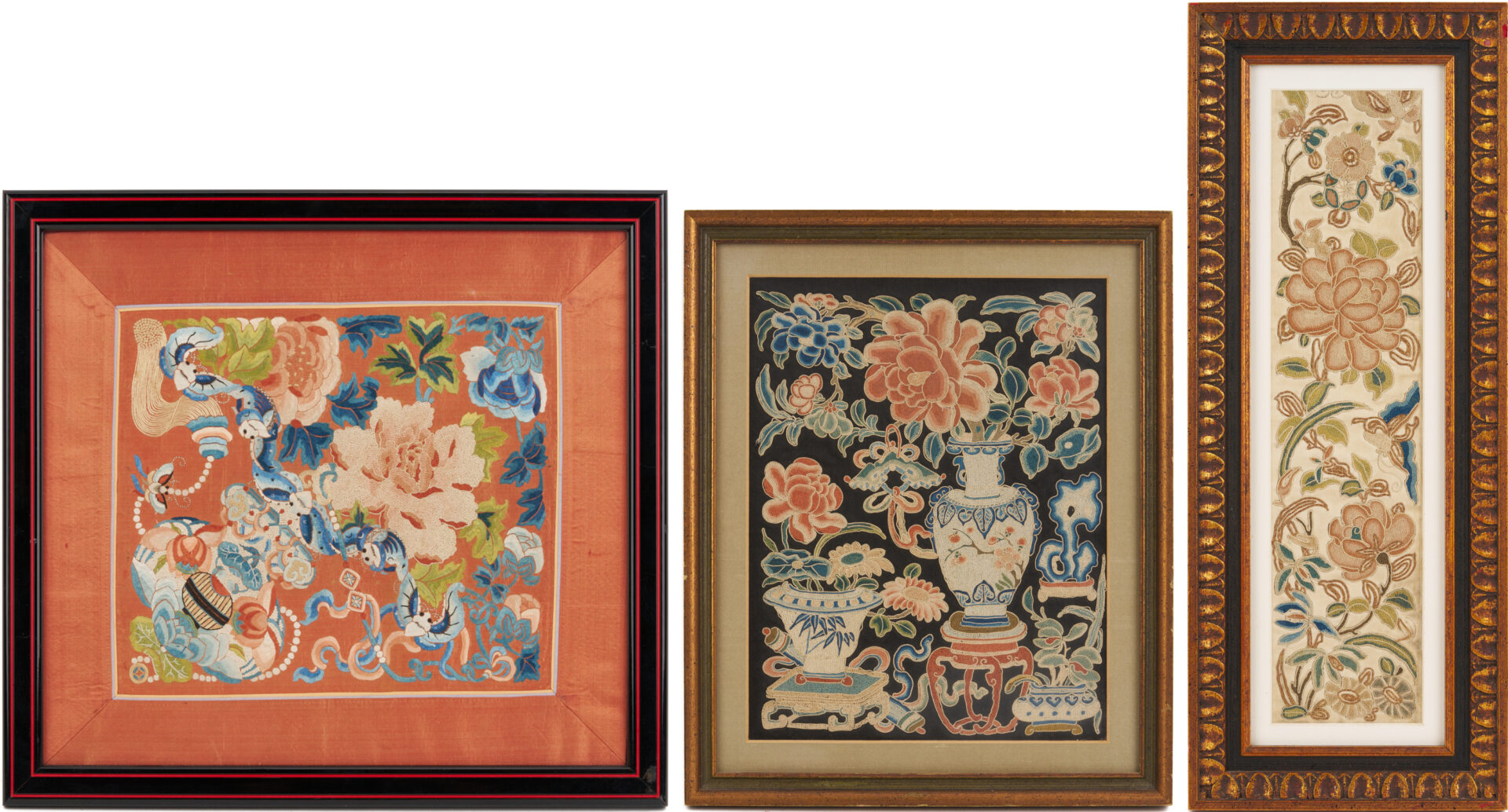 Lot 25: 3 Chinese Forbidden Stitch Silk Embroideries, Framed