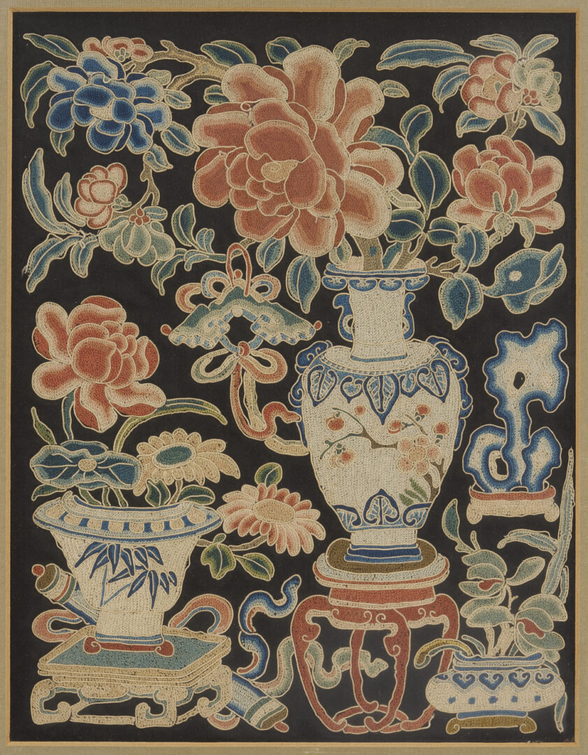 Lot 25: 3 Chinese Forbidden Stitch Silk Embroideries, Framed