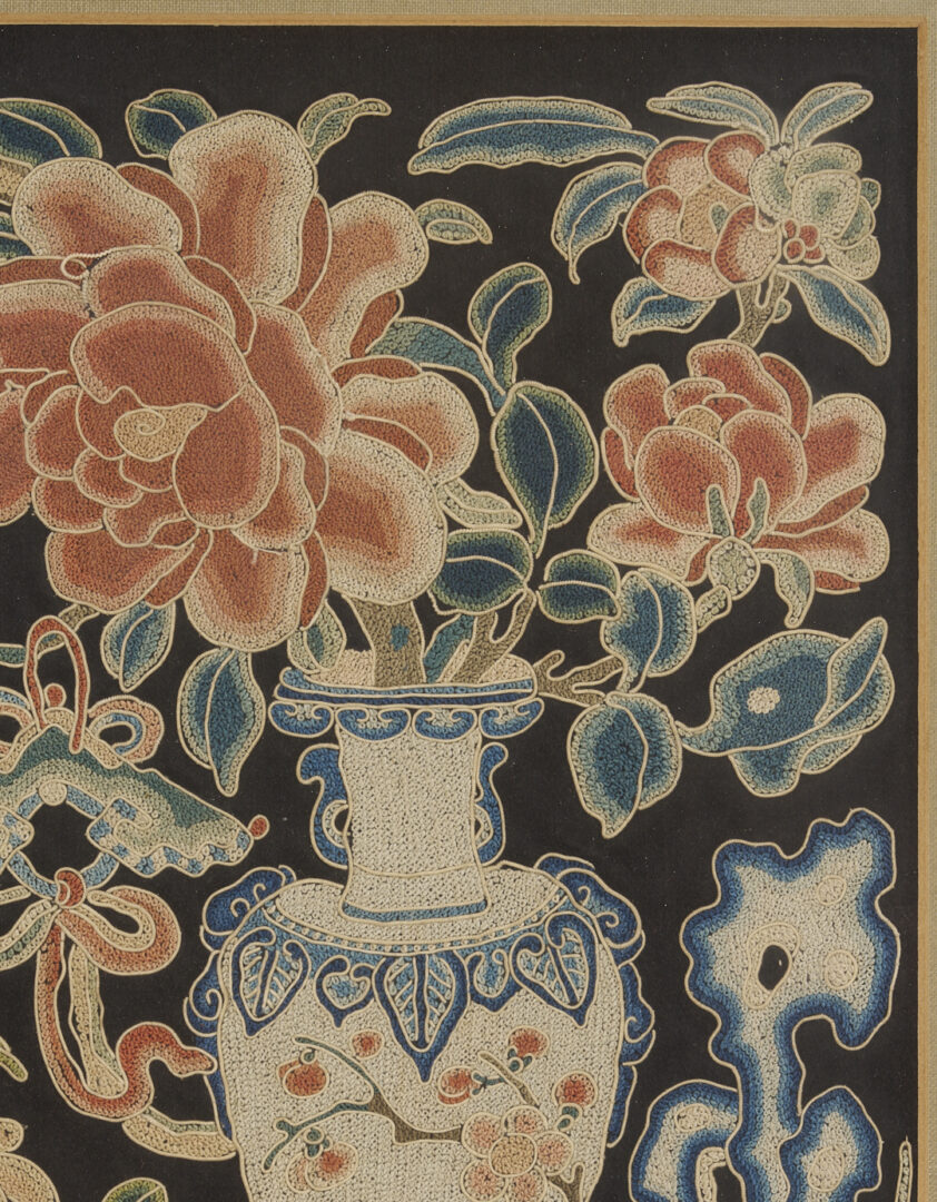 Lot 25: 3 Chinese Forbidden Stitch Silk Embroideries, Framed