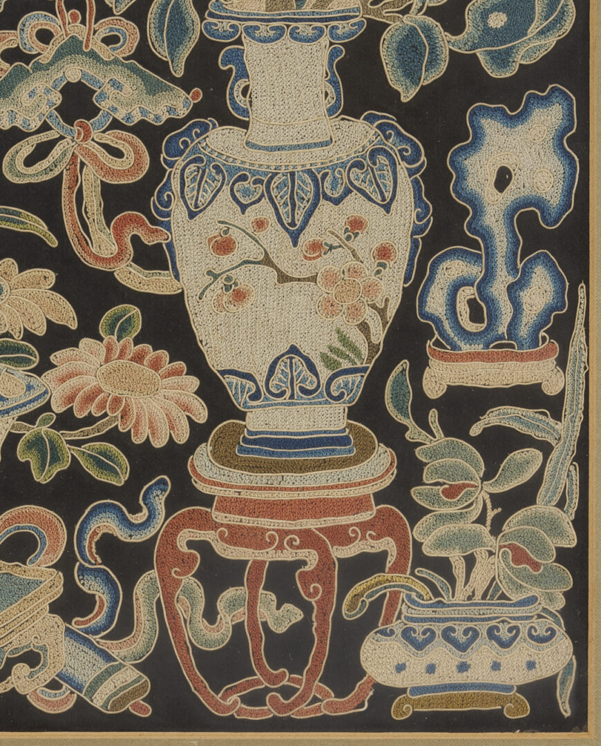 Lot 25: 3 Chinese Forbidden Stitch Silk Embroideries, Framed