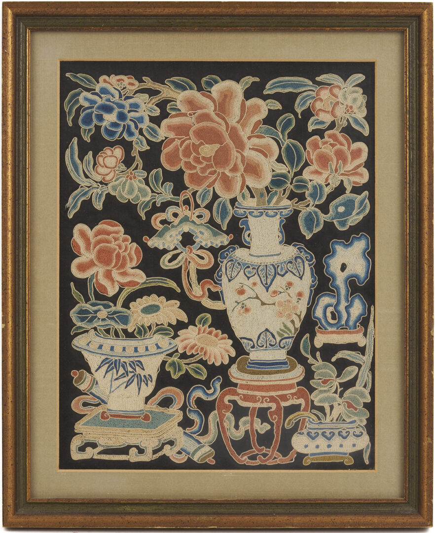 Lot 25: 3 Chinese Forbidden Stitch Silk Embroideries, Framed