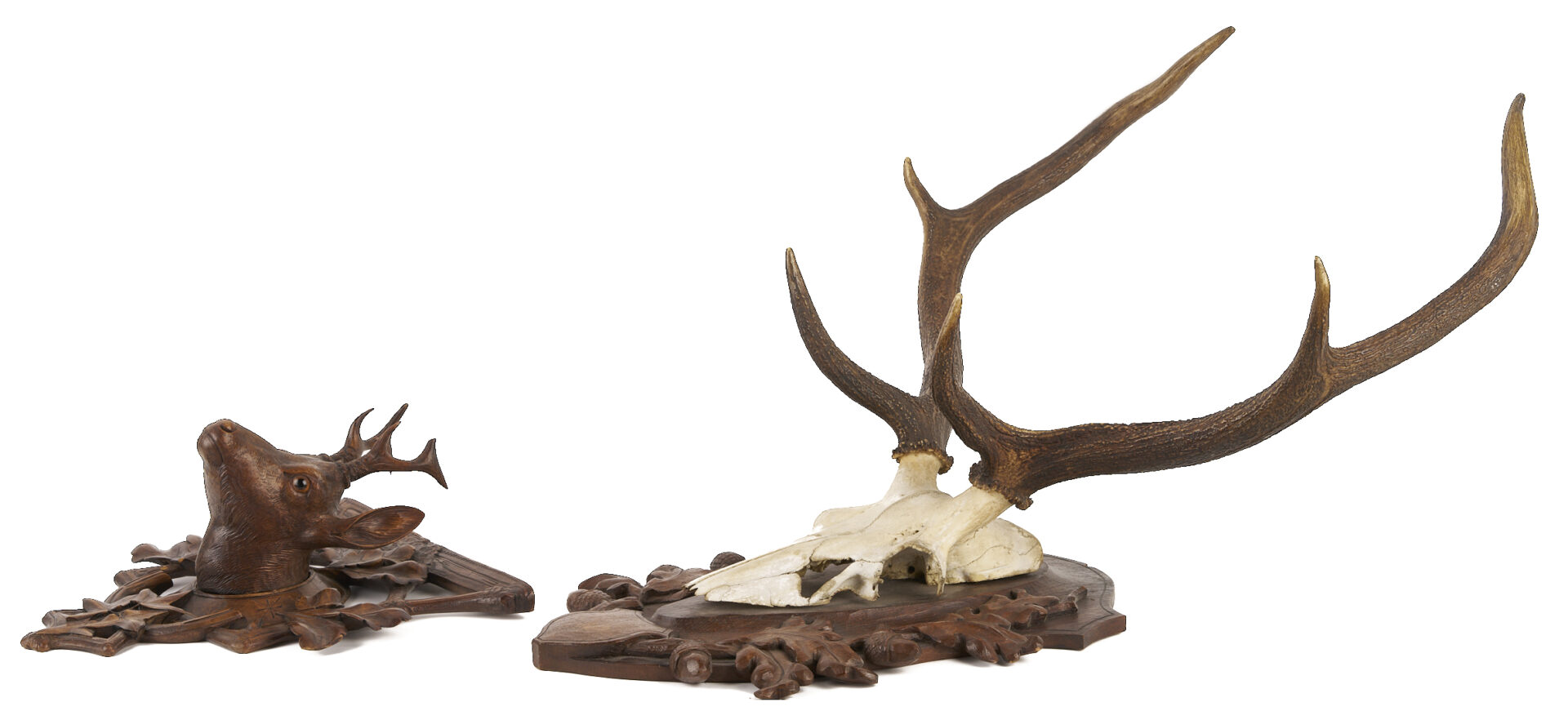 Lot 271: Black Forest Carved Stag Head and Mounted Antlers