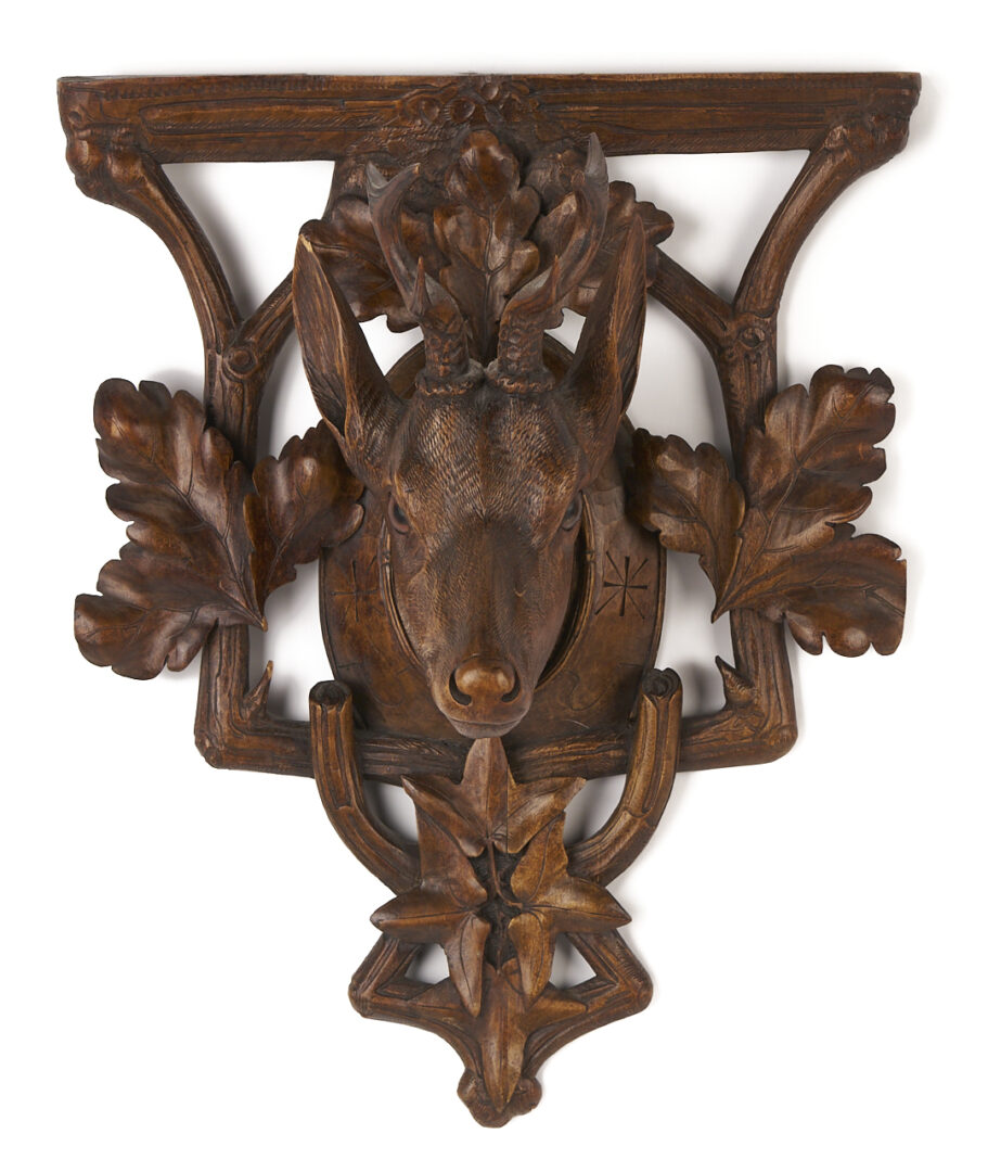 Lot 271: Black Forest Carved Stag Head and Mounted Antlers