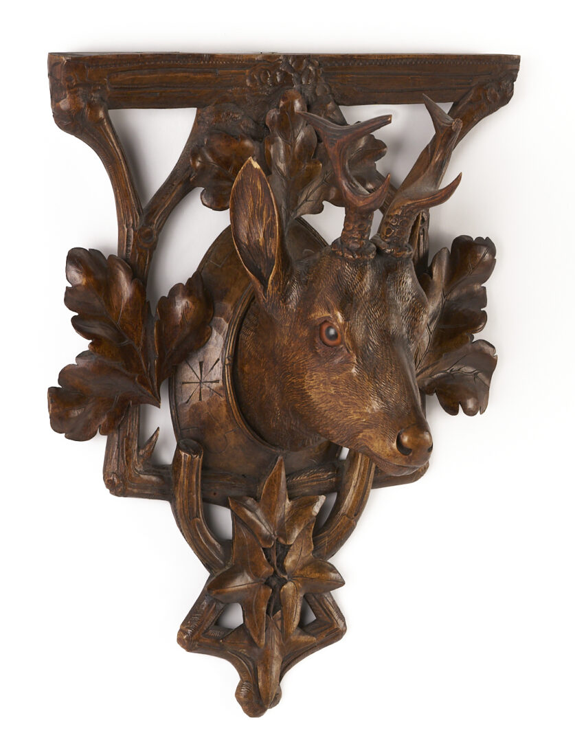 Lot 271: Black Forest Carved Stag Head and Mounted Antlers