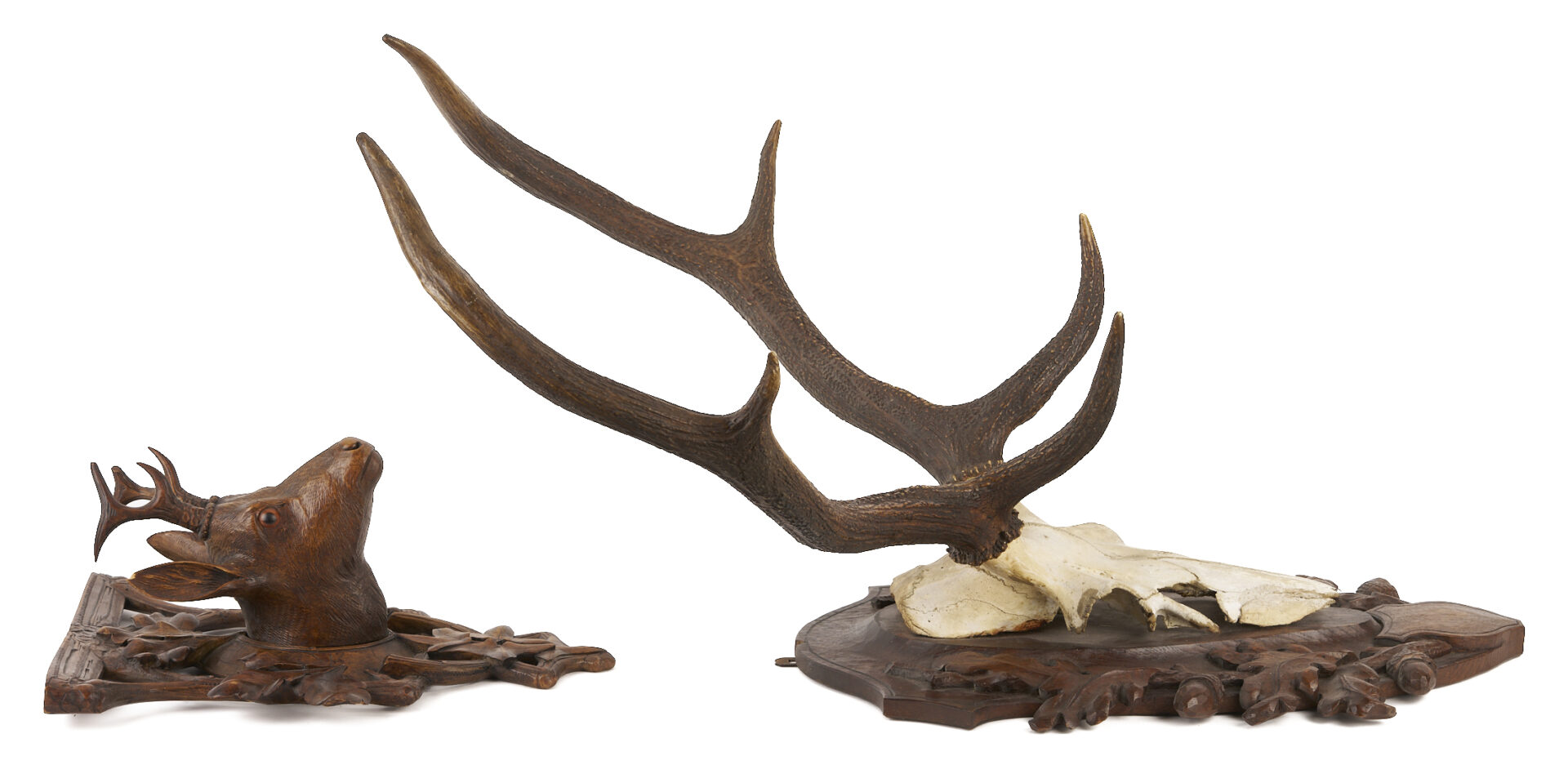 Lot 271: Black Forest Carved Stag Head and Mounted Antlers