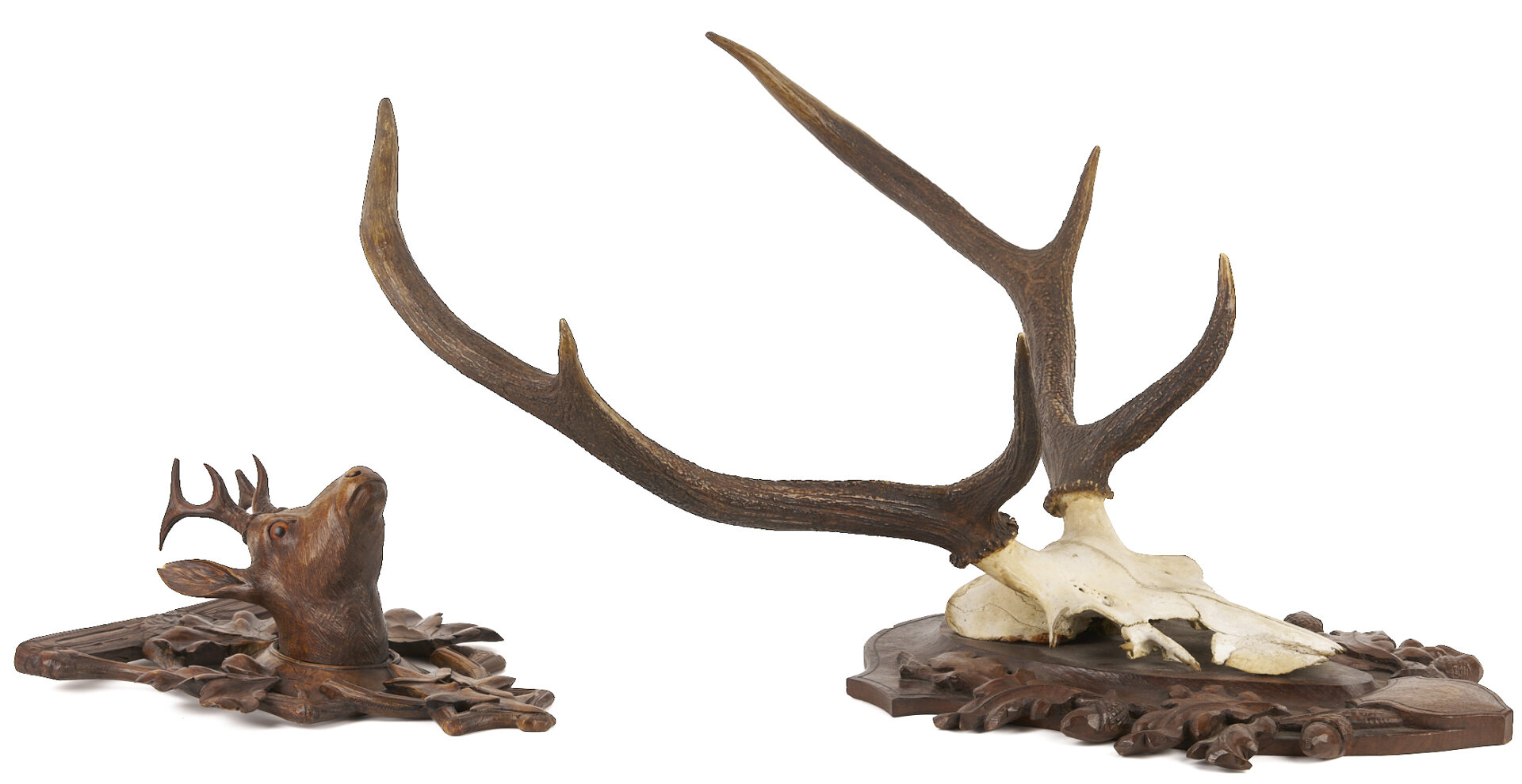 Lot 271: Black Forest Carved Stag Head and Mounted Antlers