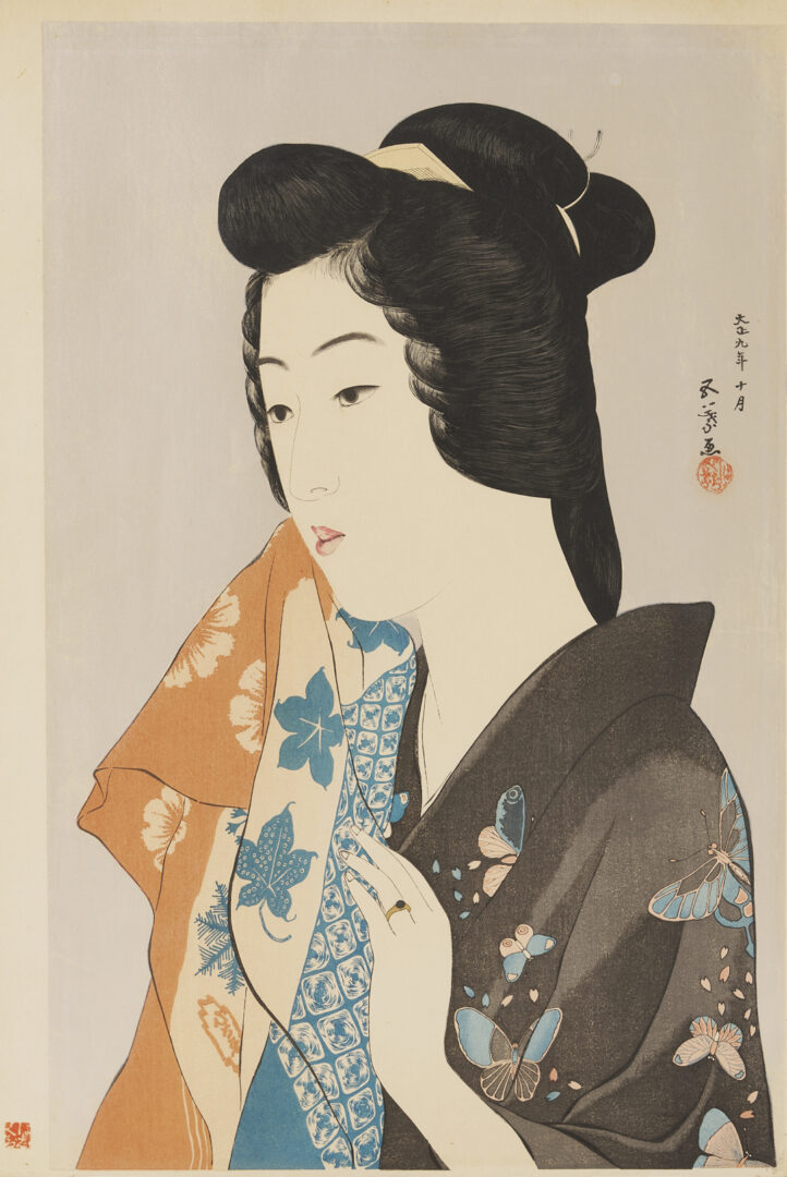 Lot 27: Hashiguchi Goyo Japanese Shin Hanga Woodblock Print, Woman with a Towel