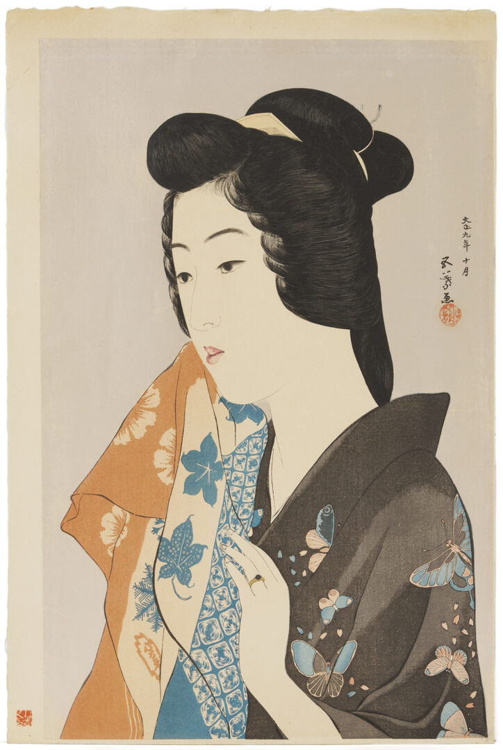 Lot 27: Hashiguchi Goyo Japanese Shin Hanga Woodblock Print, Woman with a Towel