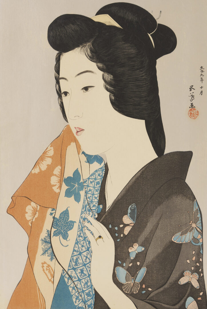 Lot 27: Hashiguchi Goyo Japanese Shin Hanga Woodblock Print, Woman with a Towel