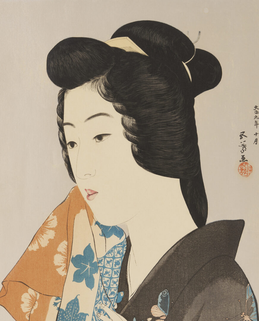 Lot 27: Hashiguchi Goyo Japanese Shin Hanga Woodblock Print, Woman with a Towel