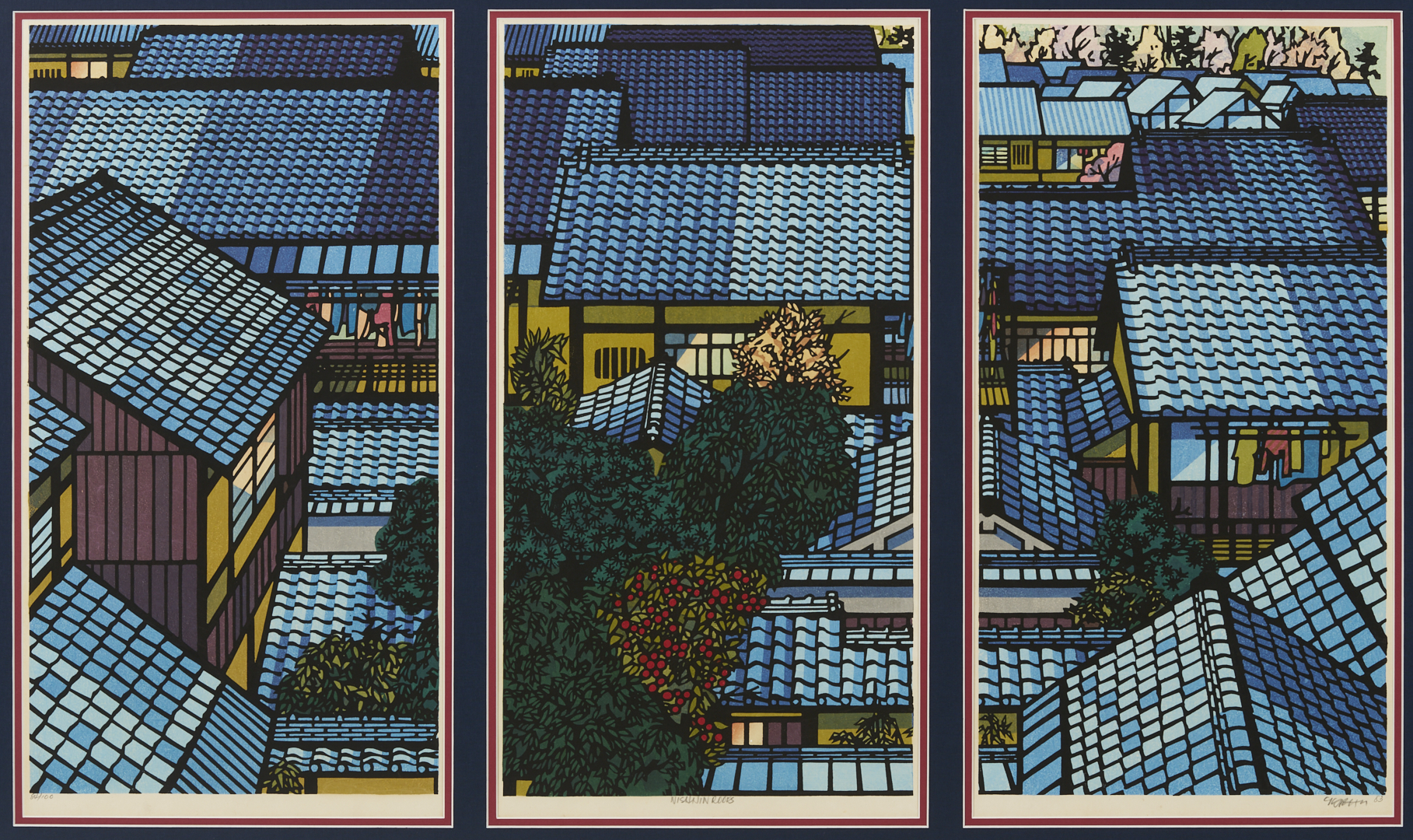 Lot 28: Clifton Karhu Woodblock Triptych, Nishijin Roofs