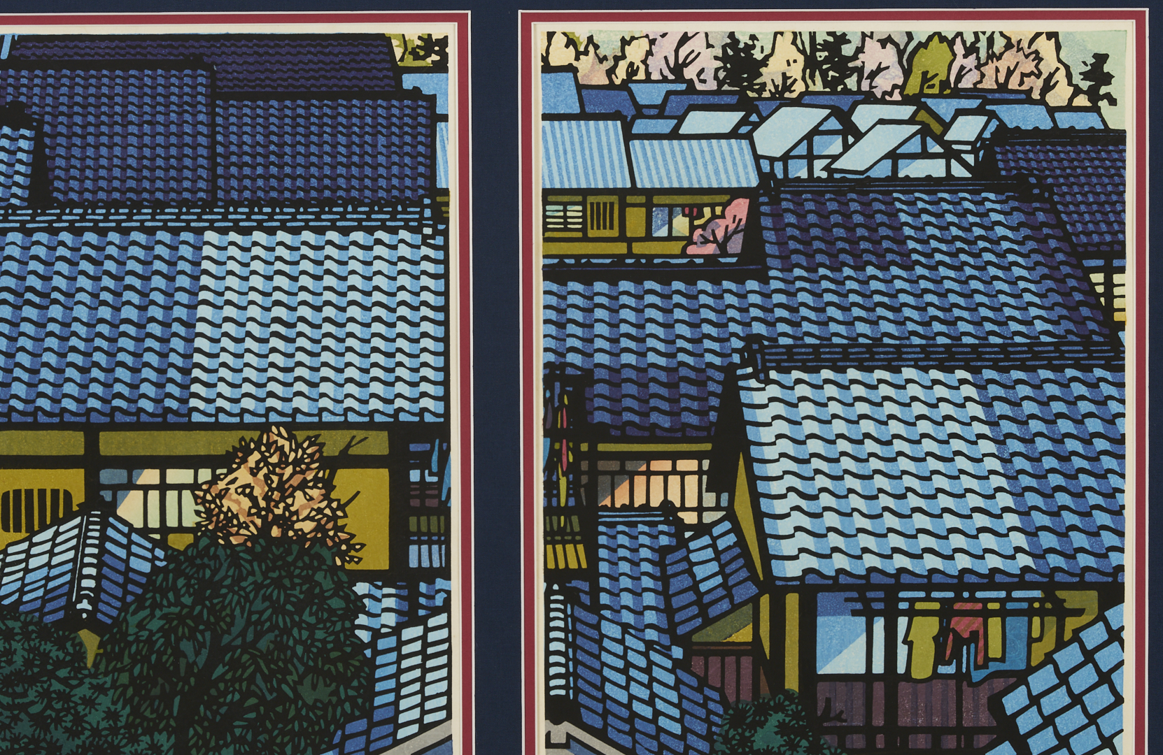Lot 28: Clifton Karhu Woodblock Triptych, Nishijin Roofs