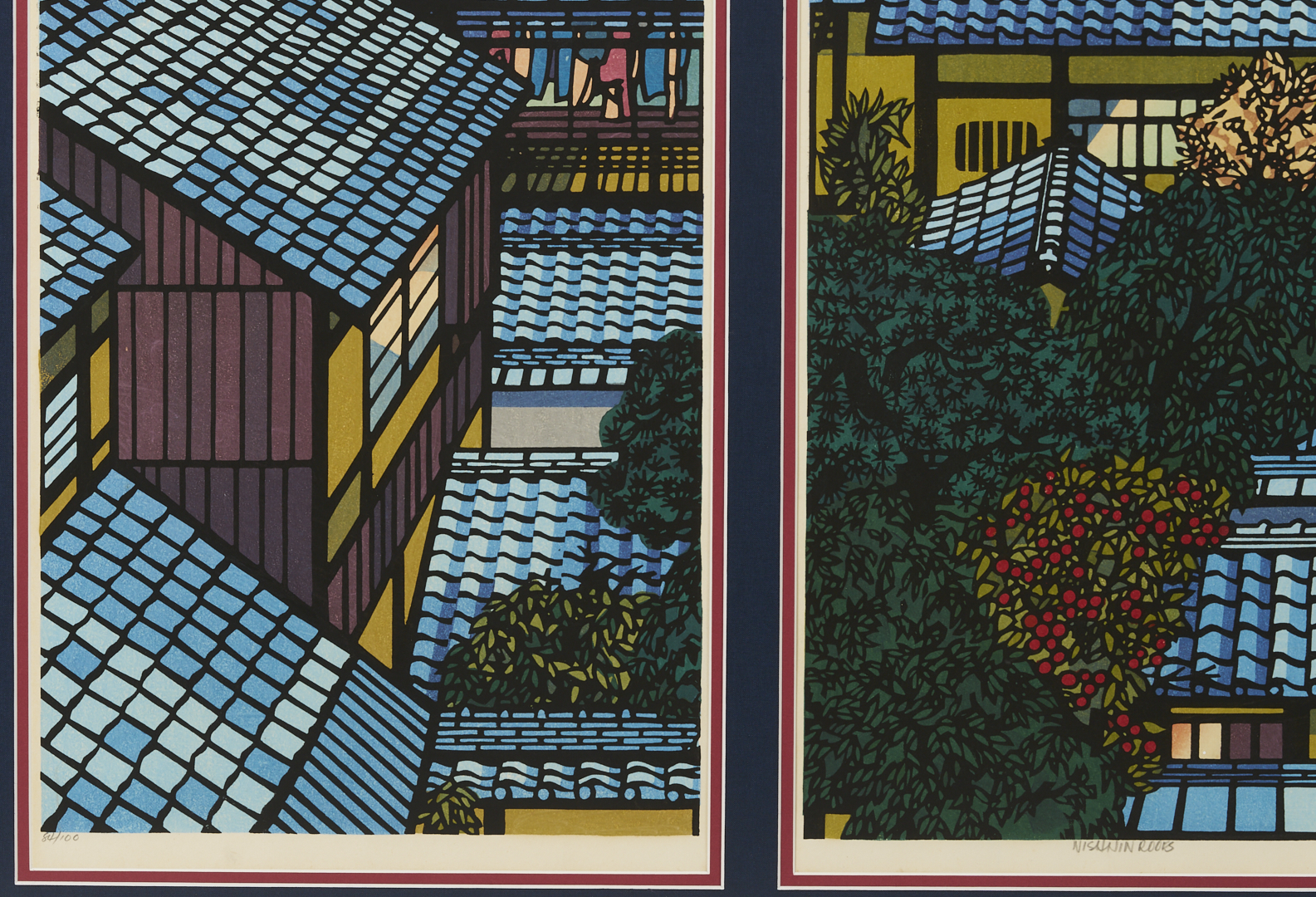 Lot 28: Clifton Karhu Woodblock Triptych, Nishijin Roofs