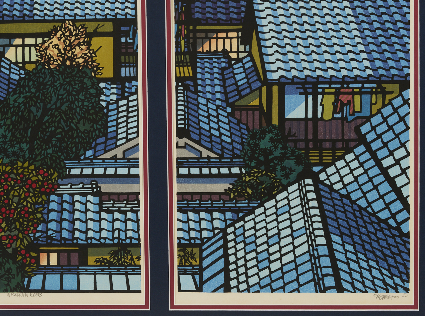 Lot 28: Clifton Karhu Woodblock Triptych, Nishijin Roofs