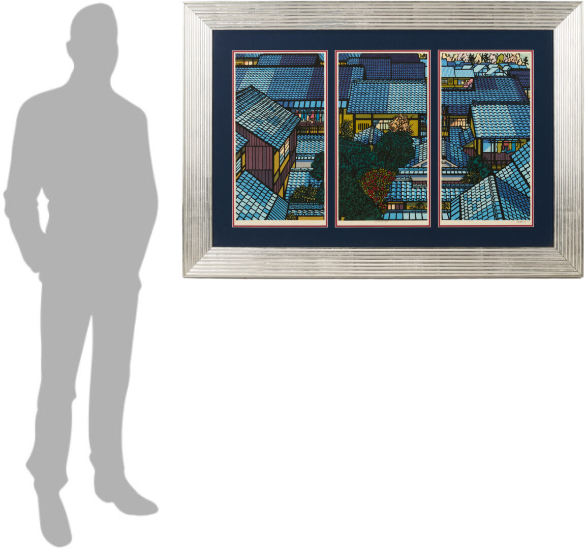 Lot 28: Clifton Karhu Woodblock Triptych, Nishijin Roofs