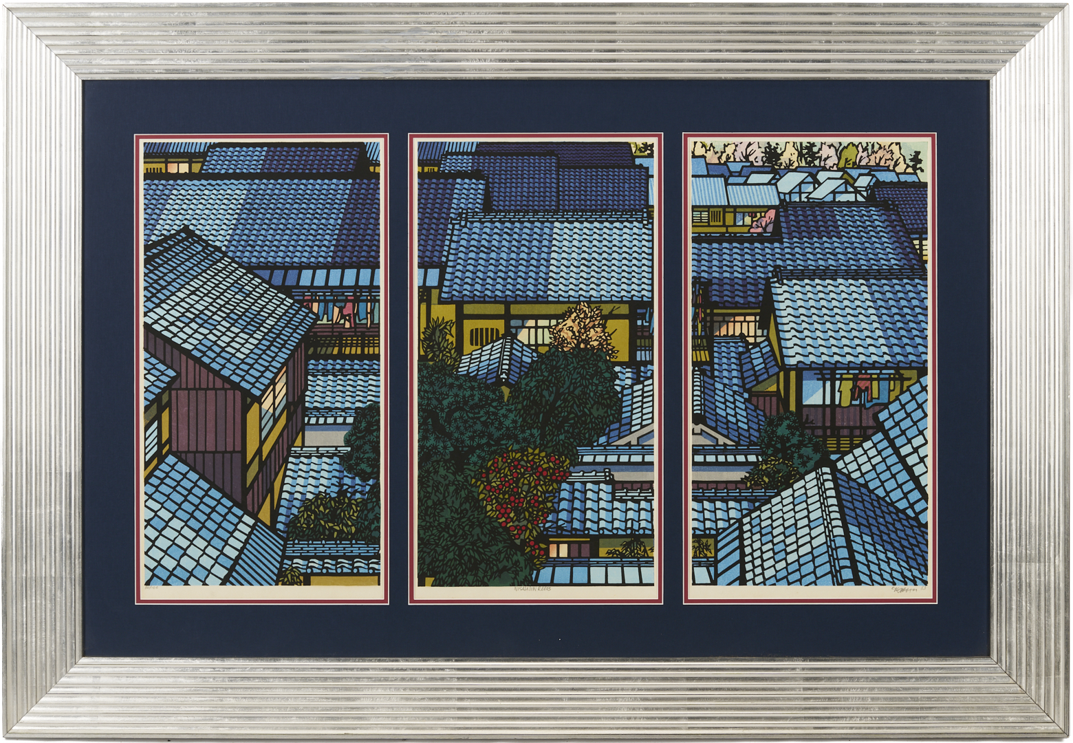 Lot 28: Clifton Karhu Woodblock Triptych, Nishijin Roofs