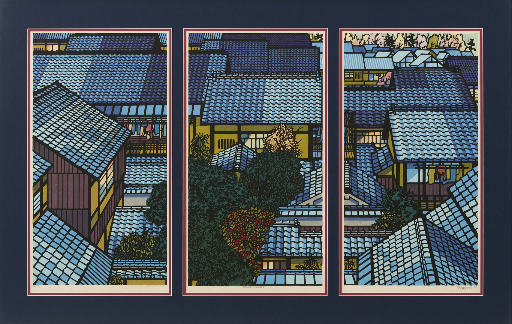 Lot 28: Clifton Karhu Woodblock Triptych, Nishijin Roofs