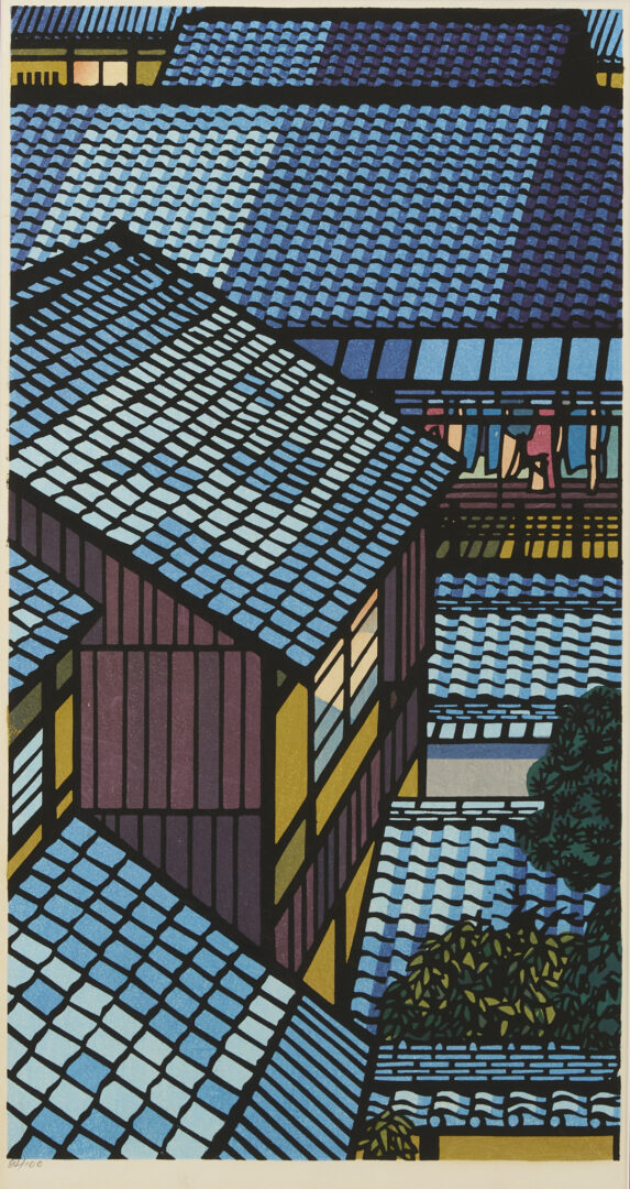 Lot 28: Clifton Karhu Woodblock Triptych, Nishijin Roofs