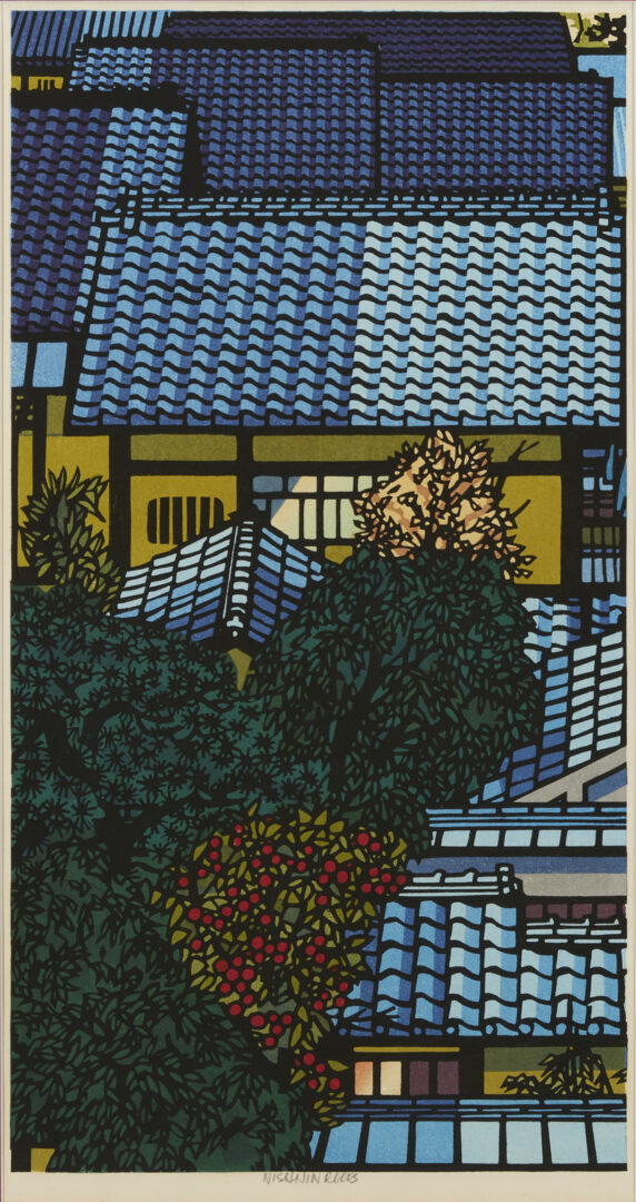 Lot 28: Clifton Karhu Woodblock Triptych, Nishijin Roofs