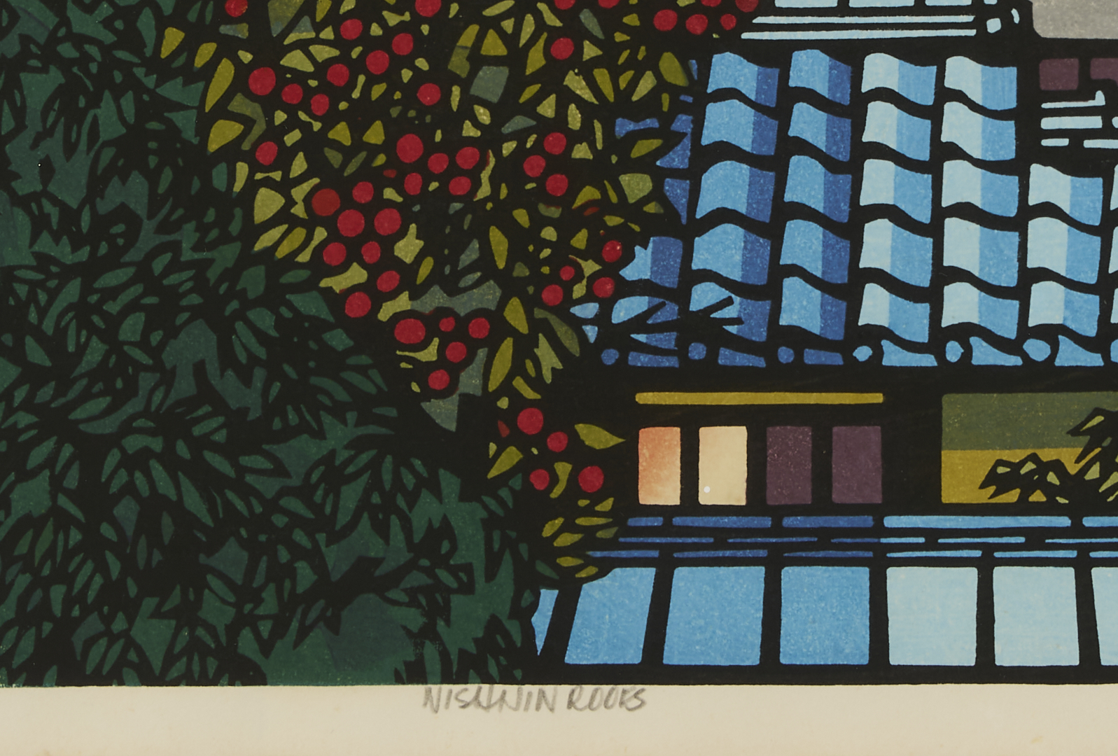 Lot 28: Clifton Karhu Woodblock Triptych, Nishijin Roofs