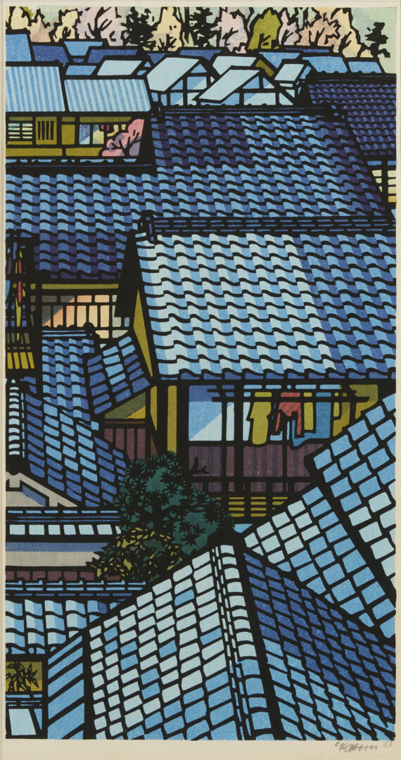 Lot 28: Clifton Karhu Woodblock Triptych, Nishijin Roofs