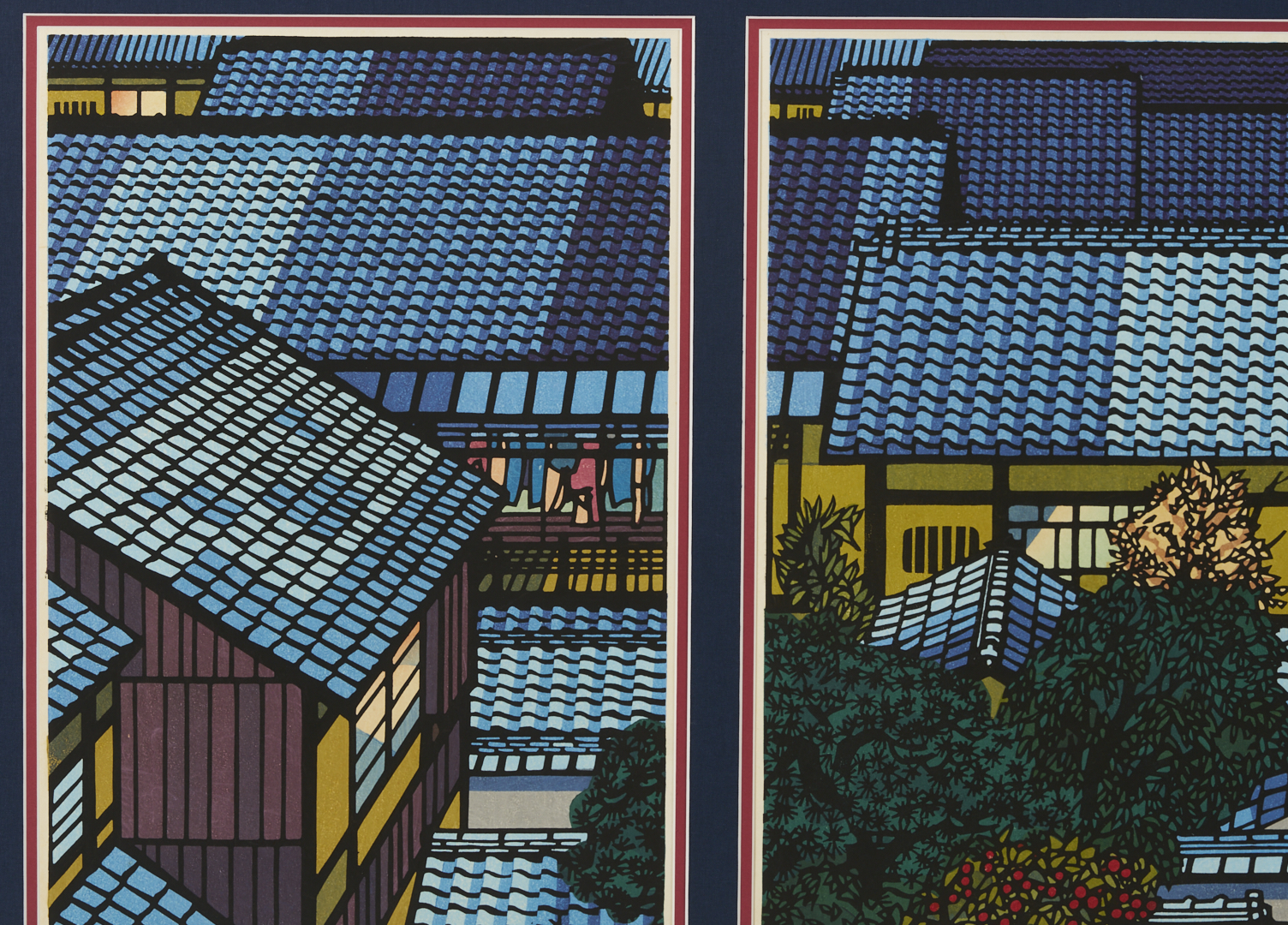 Lot 28: Clifton Karhu Woodblock Triptych, Nishijin Roofs