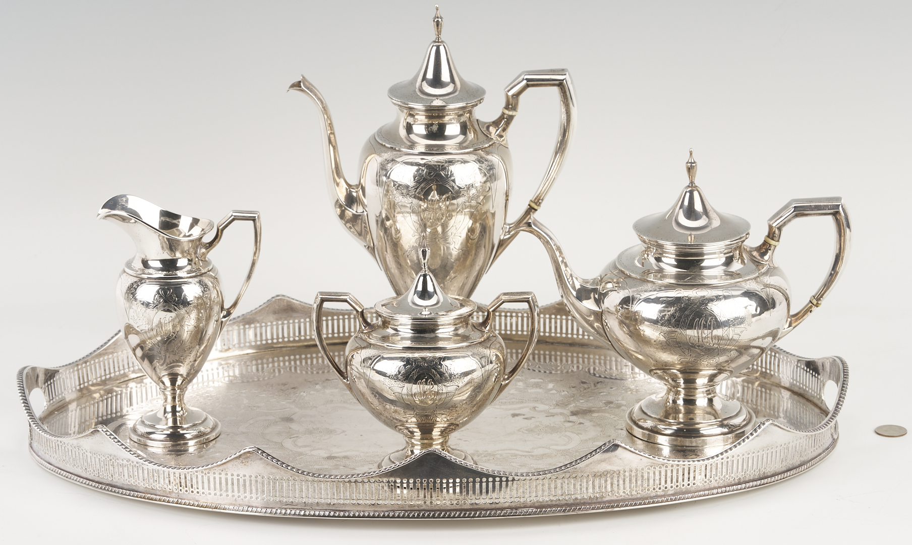 Lot 296: International Sterling 4 pc Tea Set and S/P Gallery Tray