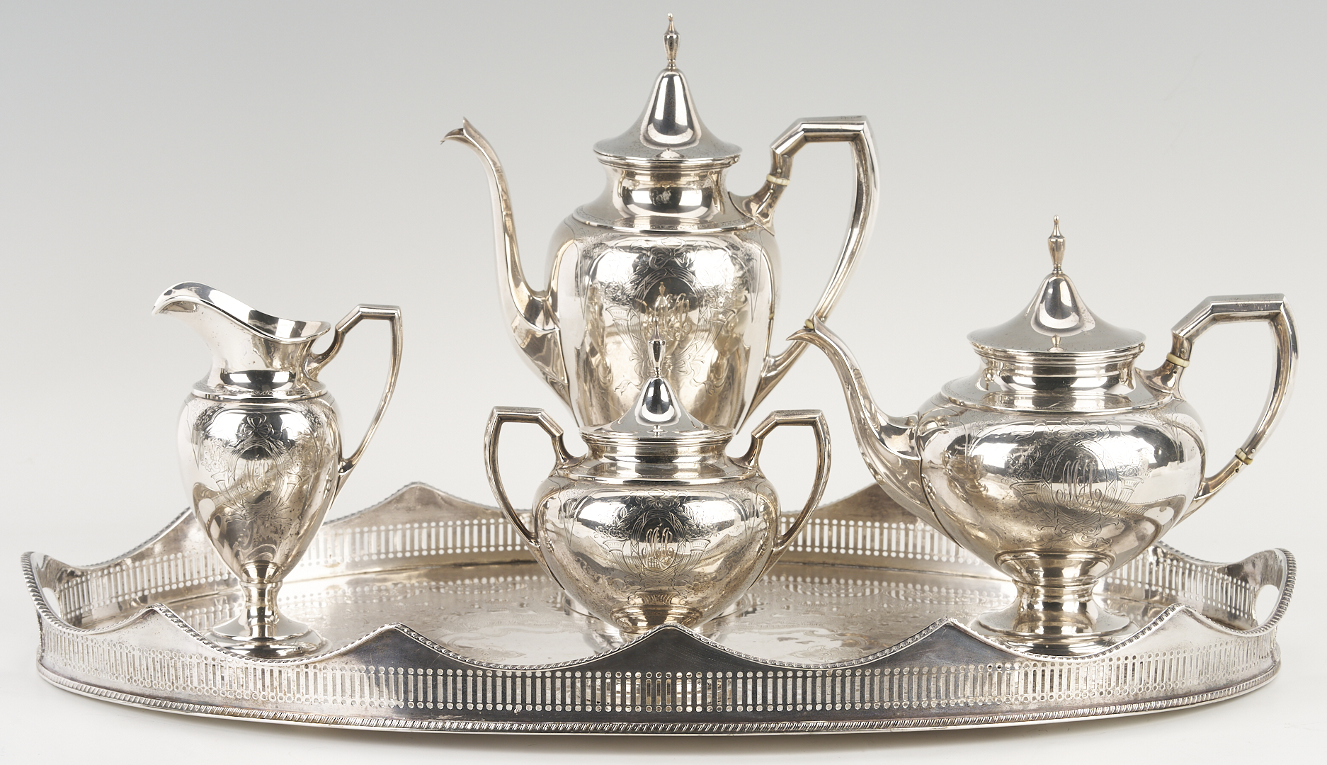 Lot 296: International Sterling 4 pc Tea Set and S/P Gallery Tray