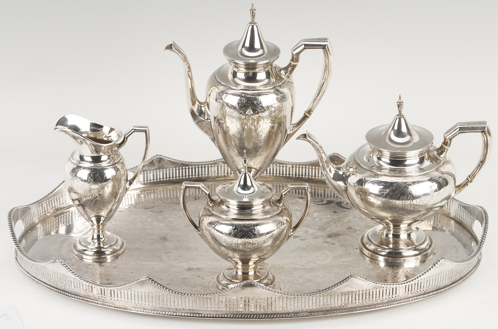 Lot 296: International Sterling 4 pc Tea Set and S/P Gallery Tray