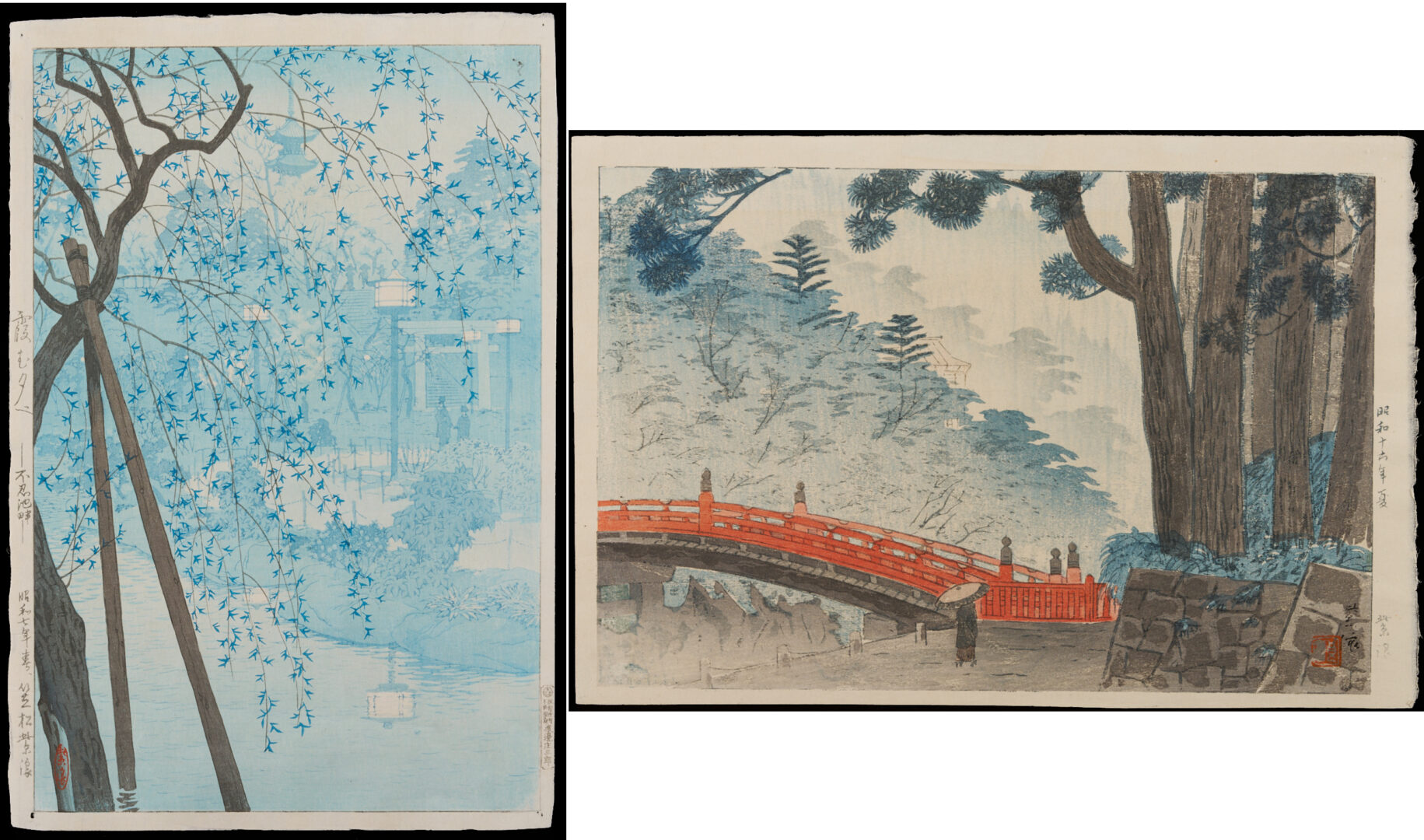 Lot 30: 2 Scarce Shiro Japanese Woodblock Prints, Hazy Evening at Shinobazu Pond & Nikko Bridge