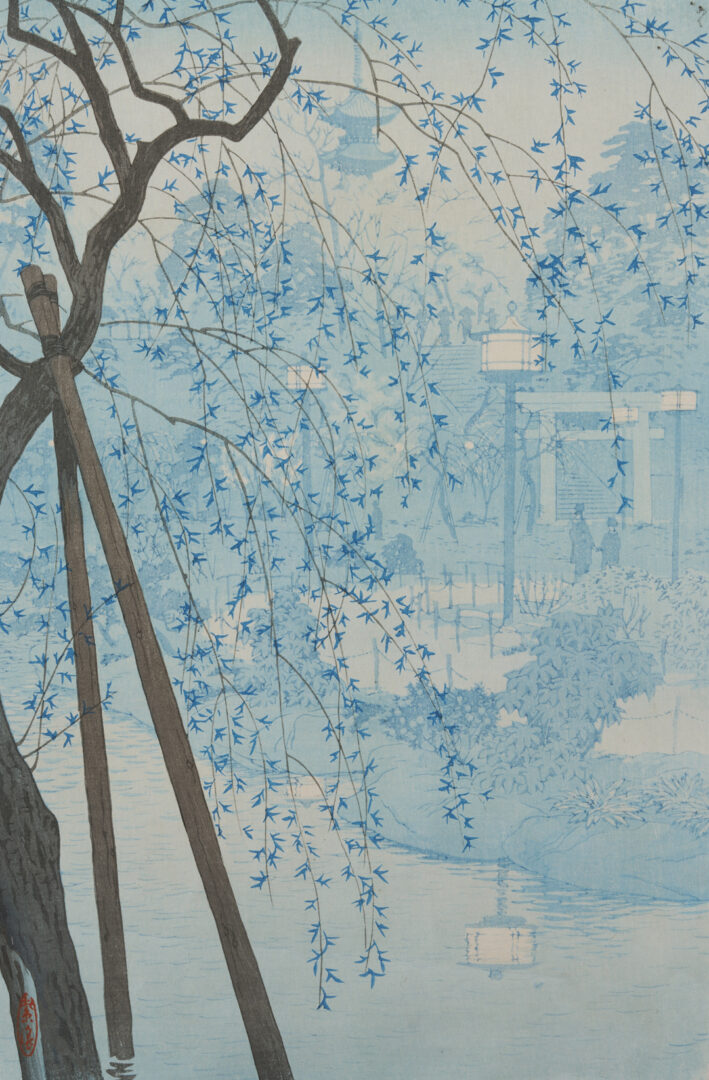 Lot 30: 2 Scarce Shiro Japanese Woodblock Prints, Hazy Evening at Shinobazu Pond & Nikko Bridge
