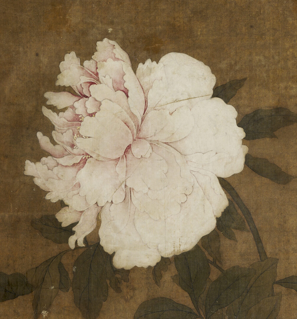 Lot 31: Large Chinese Qing Dynasty Scroll Painting on Silk, Peacock w/ Flowers