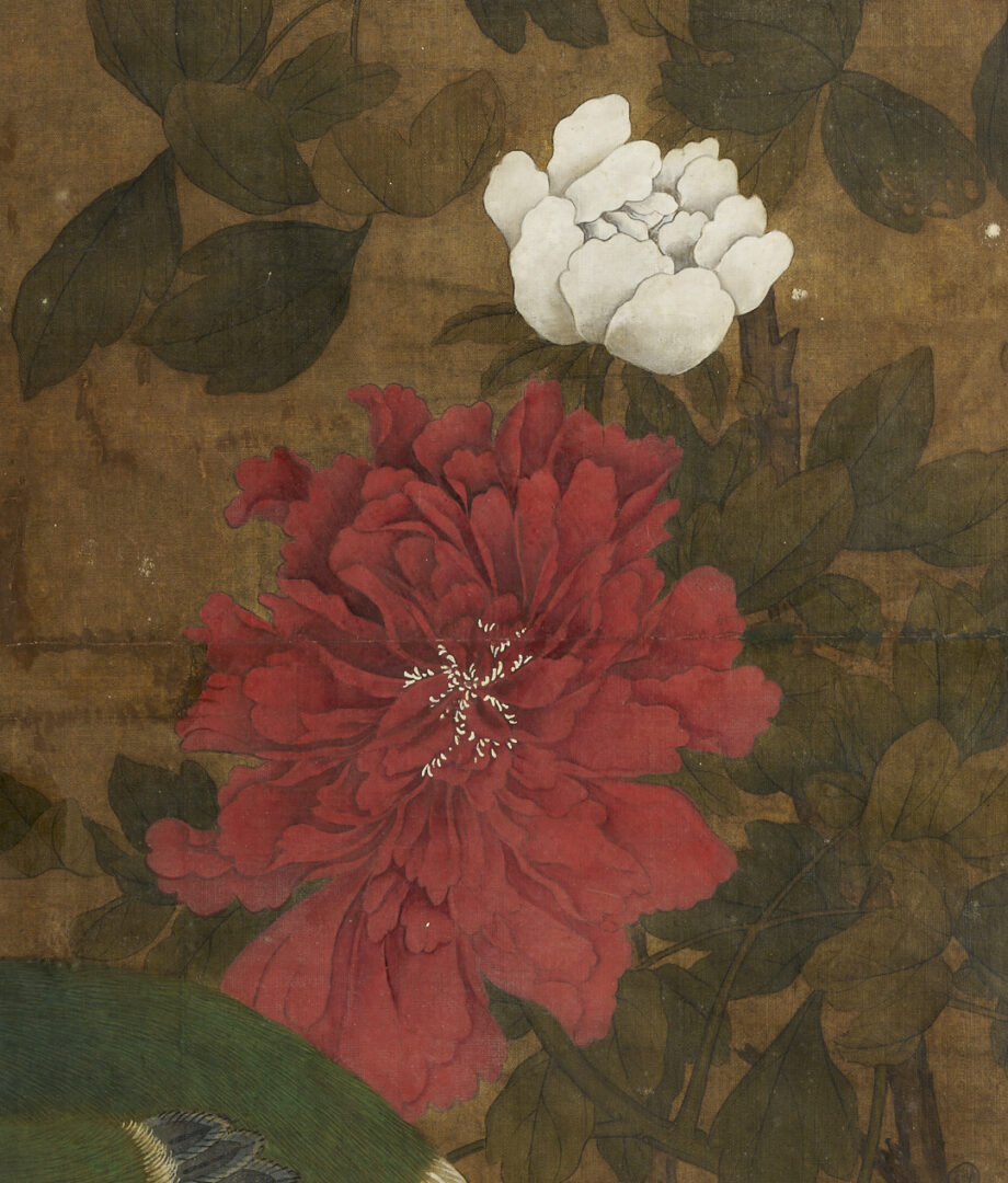 Lot 31: Large Chinese Qing Dynasty Scroll Painting on Silk, Peacock w/ Flowers