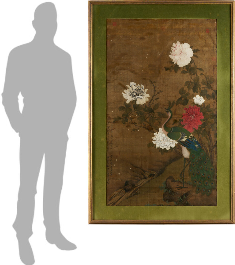 Lot 31: Large Chinese Qing Dynasty Scroll Painting on Silk, Peacock w/ Flowers