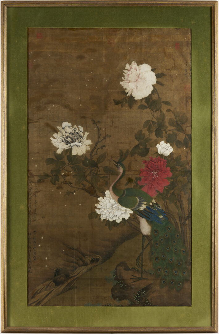 Lot 31: Large Chinese Qing Dynasty Scroll Painting on Silk, Peacock w/ Flowers