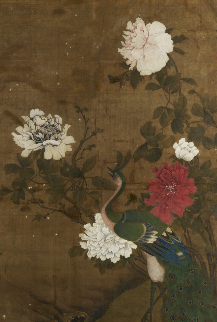 Lot 31: Large Chinese Qing Dynasty Scroll Painting on Silk, Peacock w/ Flowers