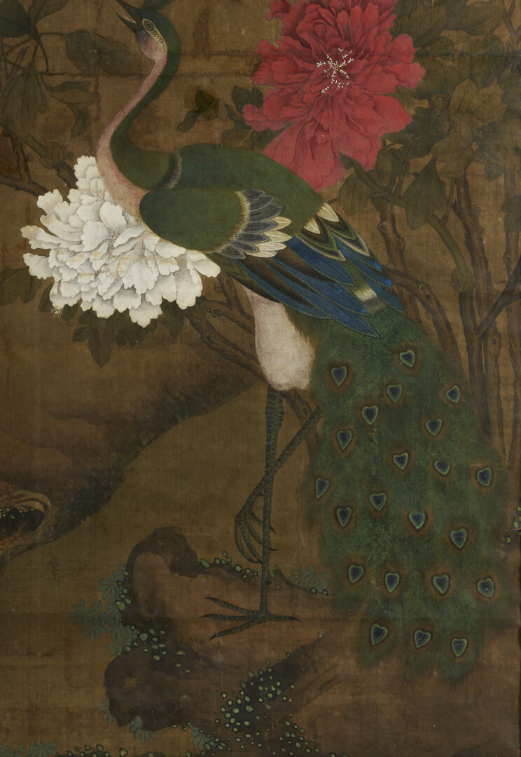 Lot 31: Large Chinese Qing Dynasty Scroll Painting on Silk, Peacock w/ Flowers