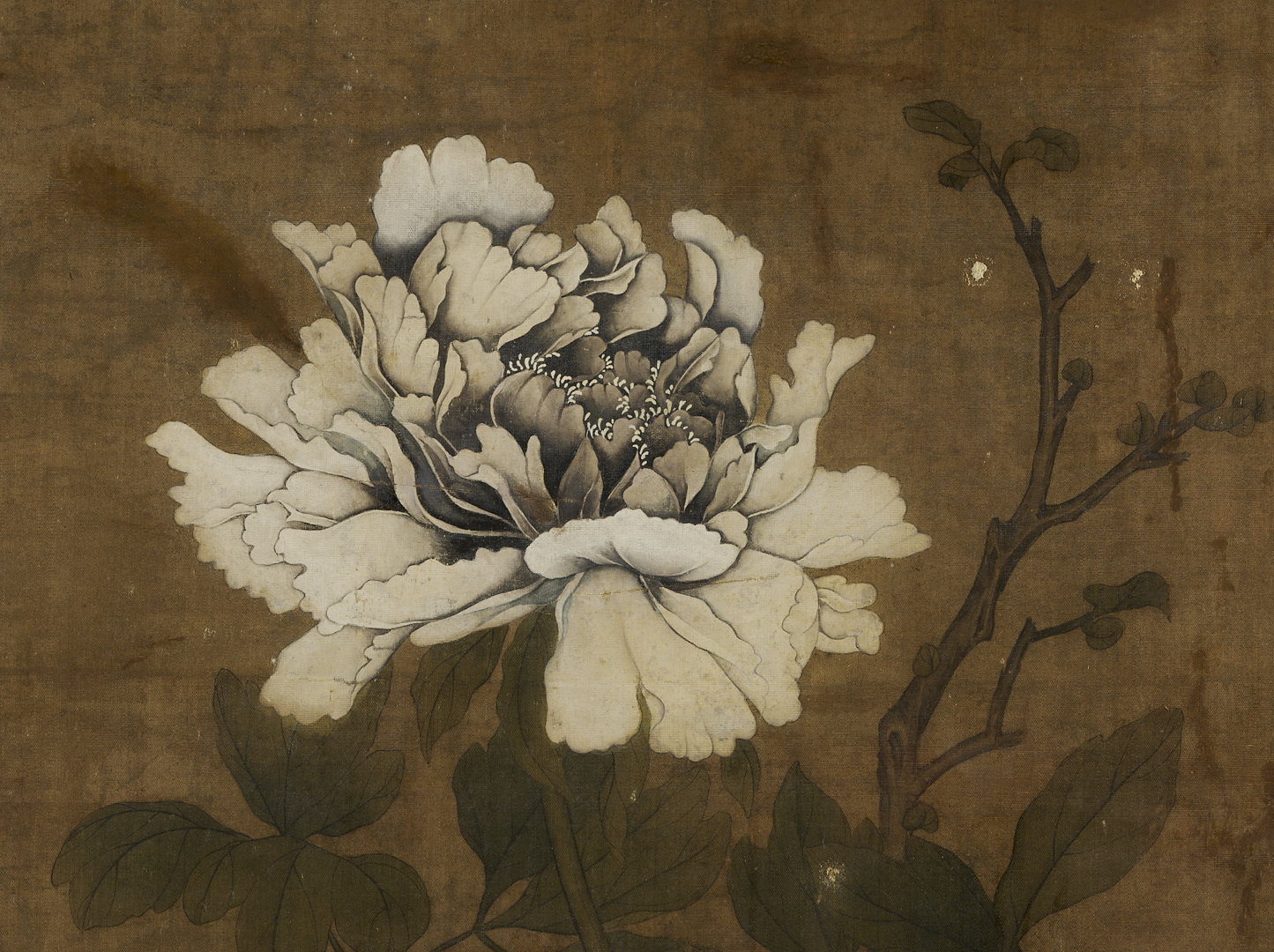 Lot 31: Large Chinese Qing Dynasty Scroll Painting on Silk, Peacock w/ Flowers